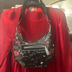 Polo Assn Black and Red Graphic Shoulder Bag